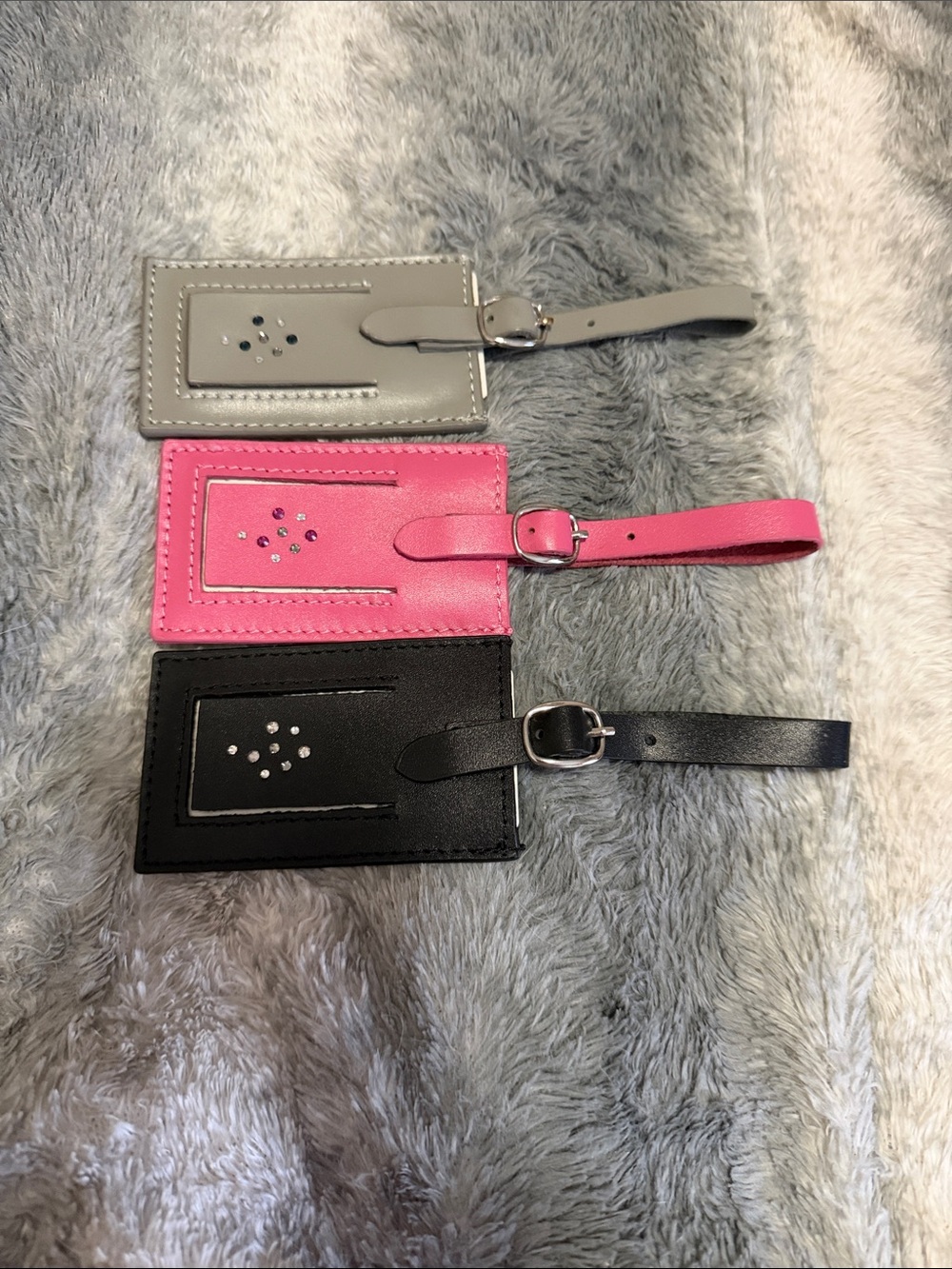 Set of 3 Leather Luggage Tags - Gray, Pink, Black